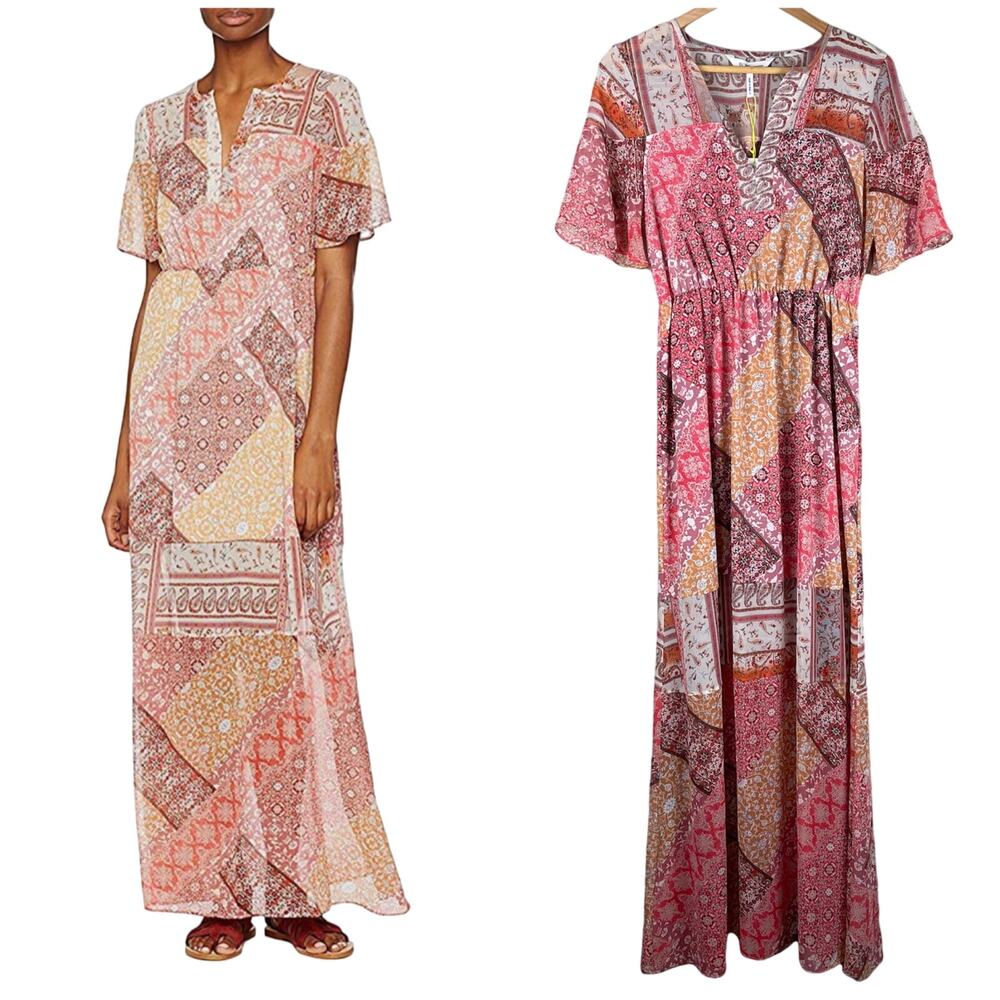 BCBGeneration NWT Floral Patchwork Maxi Dress Size S Sheer Pink Short Sleeve